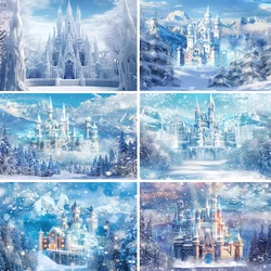 Bonvvie Winter Castle Photography Backdrop Blue Ice Forest Wonderland Snow Mountian Pine Tree Kids Birthday Portrait Background