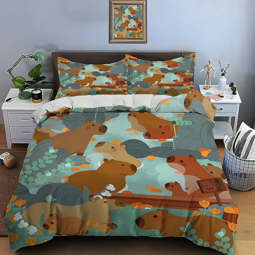 Capybara hot spring with orange Bedding Set for Kids Luxury Gift 3pcs Digital Print Comforter Set Soft Comfortable Breathable