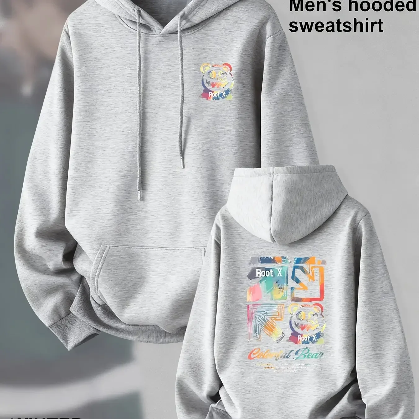 Colorful graffiti bear pattern hooded sweatshirt with front and back printed patterns, rap street style pullover shirt
