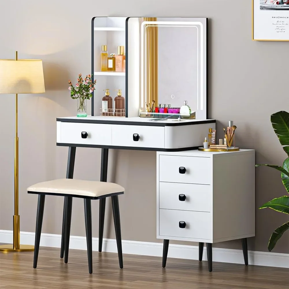 

Dresser set, dresser with mirror and lamp, 3 lighting modes, bedroom upholstered stool, dressing table with charging station