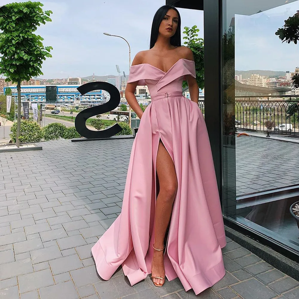 

Vinca Sunny Sexy Off The Shoulder Pink Satin Evening Dresses Long Sexy High Slit Party Gown High Waist Prom Dress Robe De Soiree