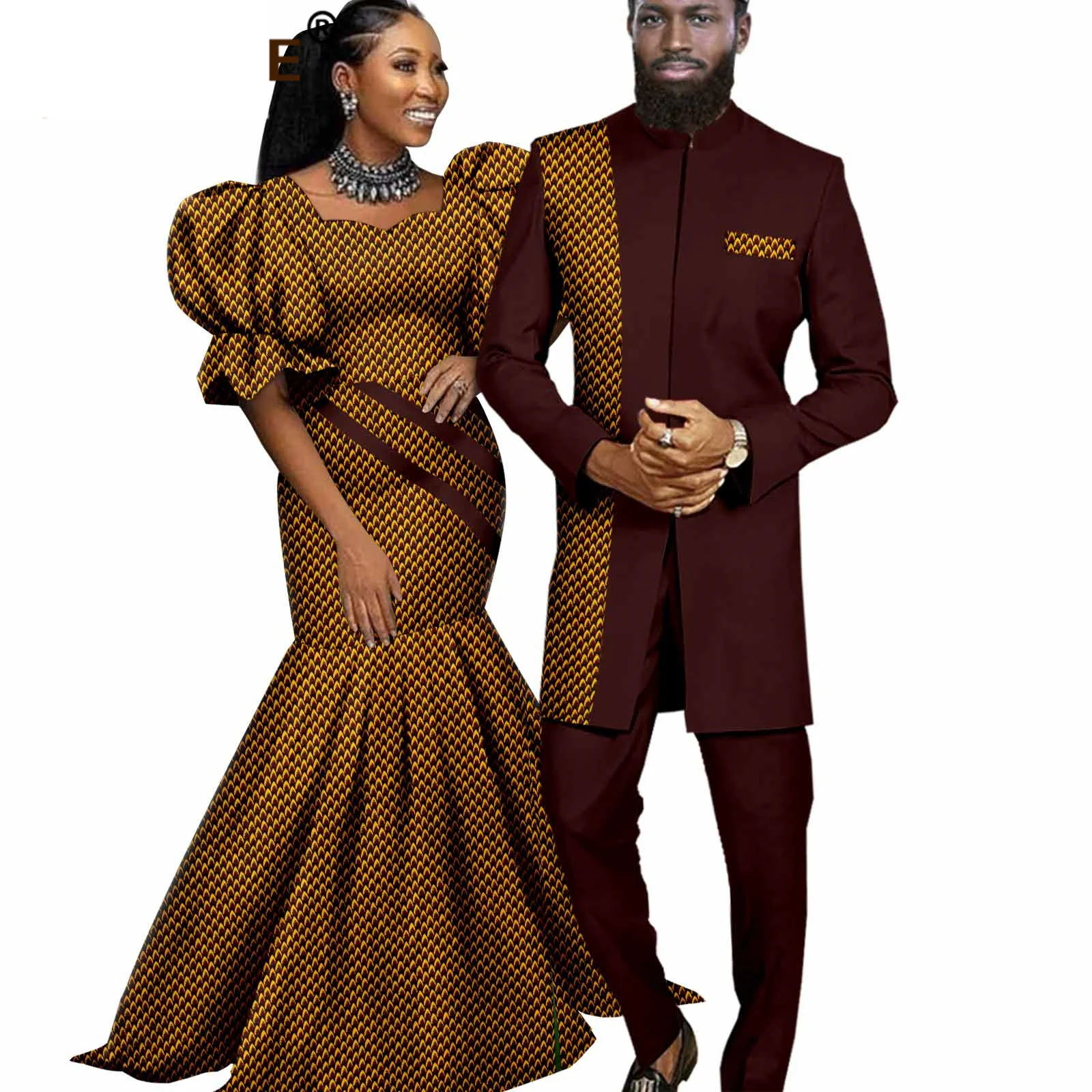 African Couple Matching Clothes for Wedding Women Maxi Mermaid Dress Bazin Riche Men Africa Traditional Wedding Party Outfits