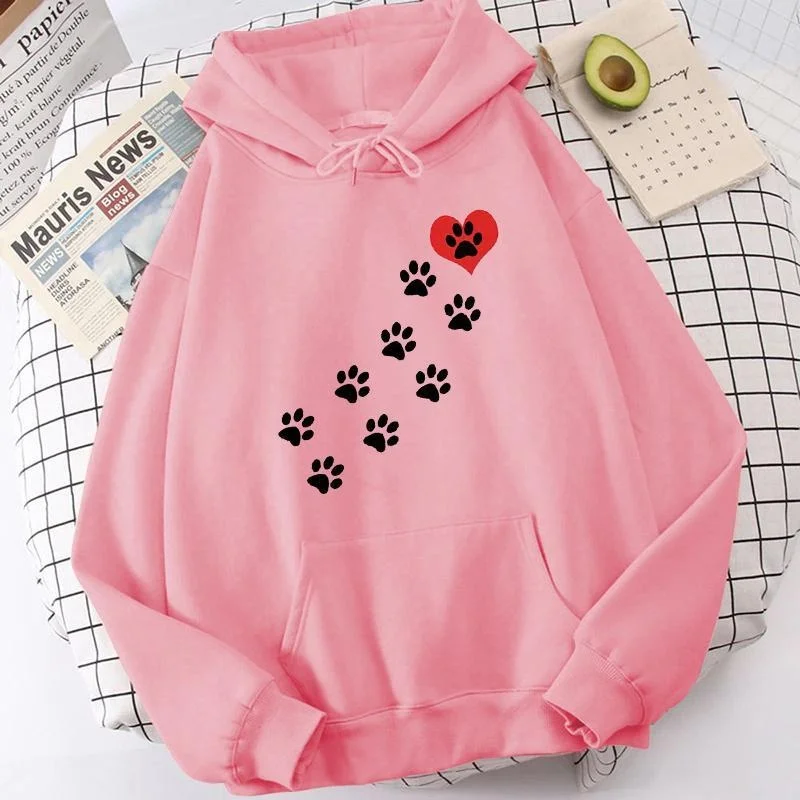 New Women Men Hoodies Dog Paw Heart Printed Tops Casual Harajuku Sweatshirts Loose Pullover