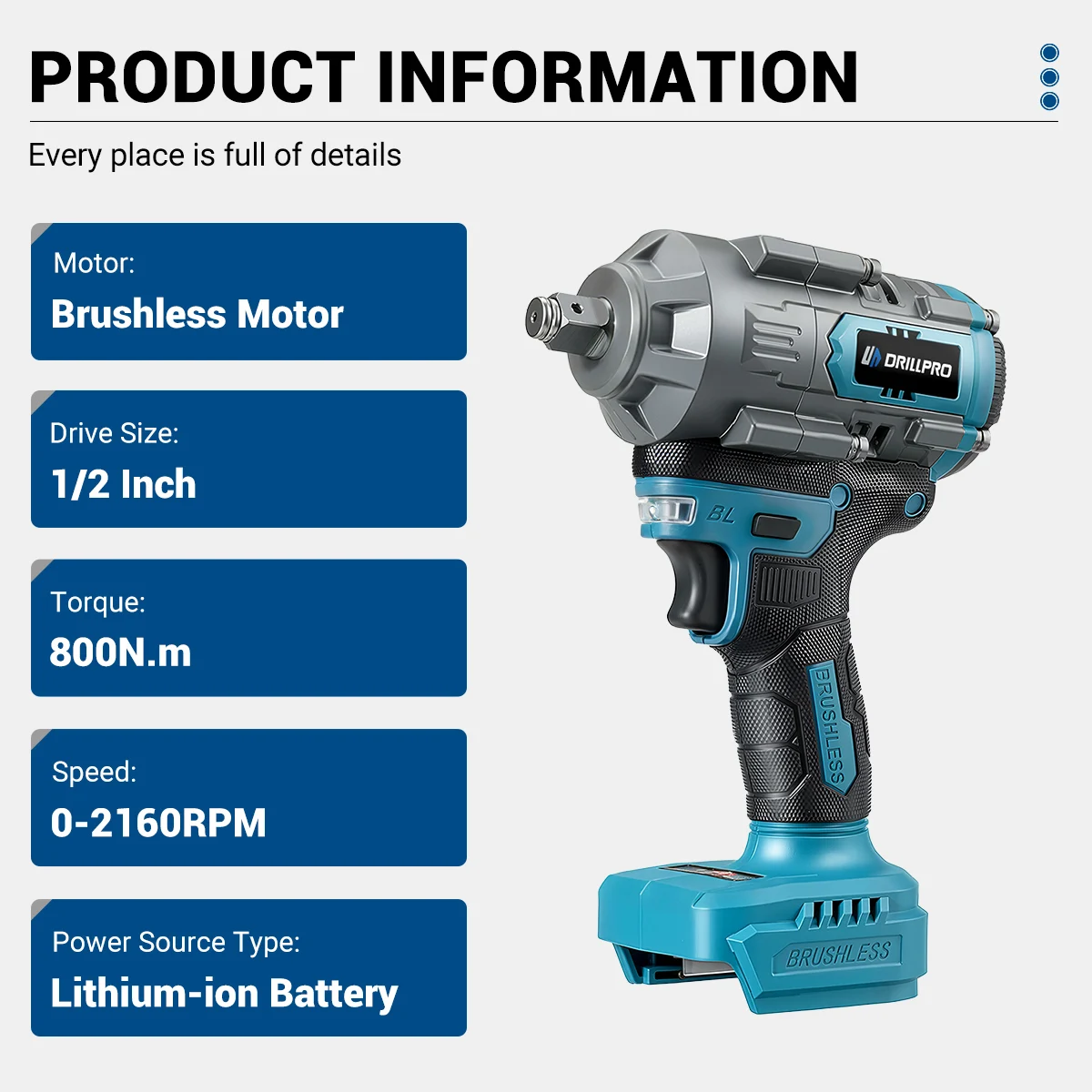 Drillpro Electric Brushless Wrench Advanced Motor Variable Speed of 2160RPM High Impact Rate Fit For Makita 20V Battery