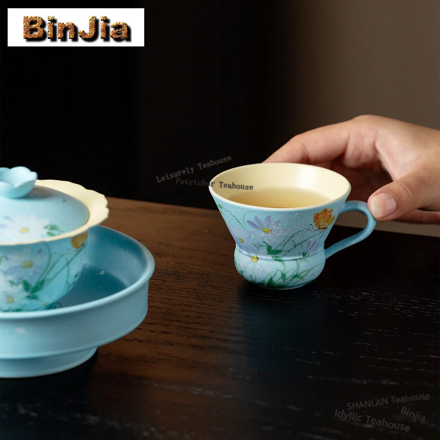 70ml Lake Blue Flower Stream Teacup Japanese Tea Bowl Jug Tea-tasting Personal Cup Jianzhan Master Cups Teaware Supplies Gifts