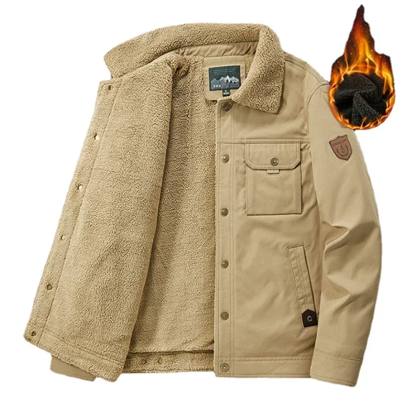 Chaqueta corta de invierno para hombre, Parkas con solapa, forro de piel de cordero, abrigo forrado de felpa gruesa