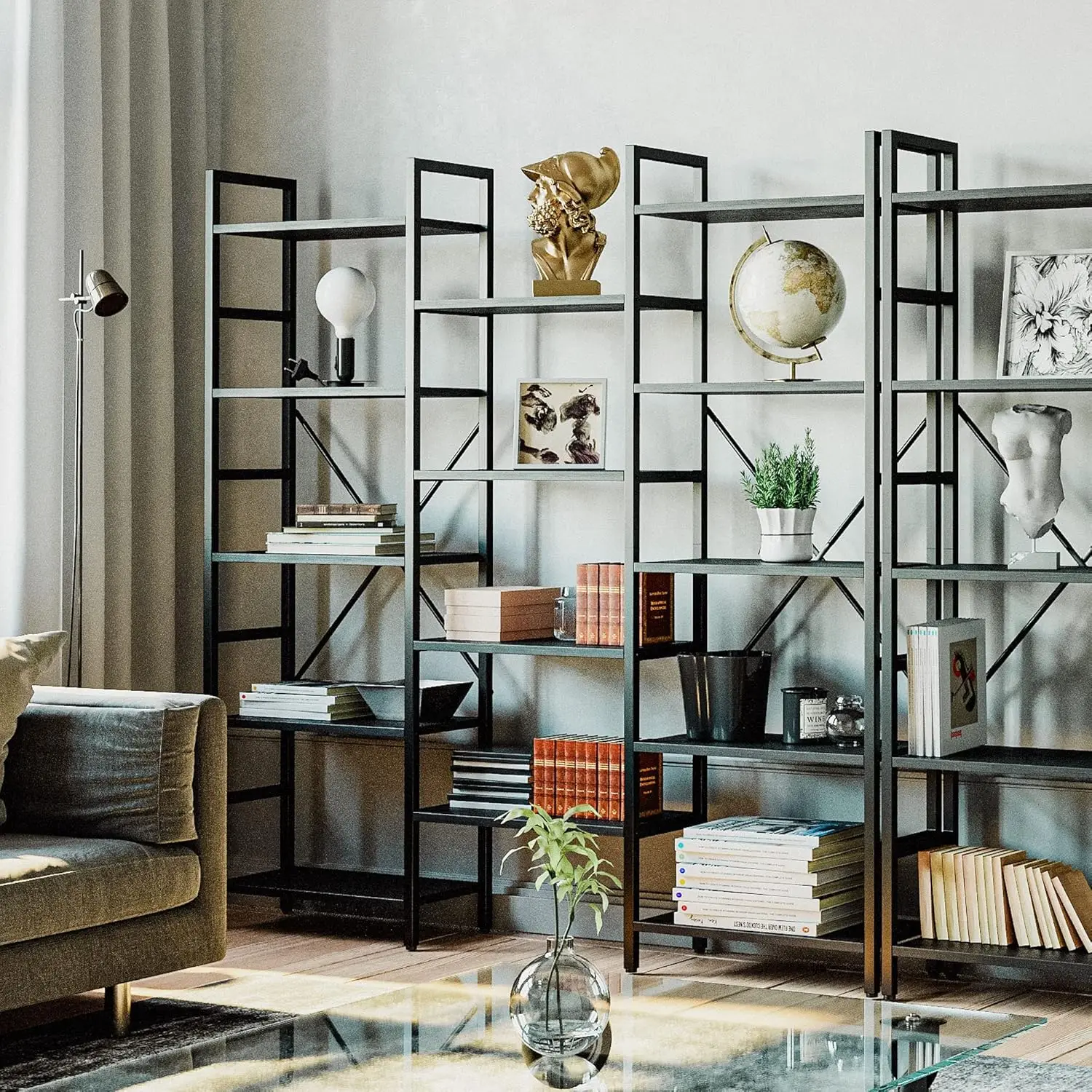 Bookcases and Bookshelves Triple Wide 5 Tiers Industrial Bookshelf,Large Etagere Bookshelf Open Display Shelves with Metal Frame