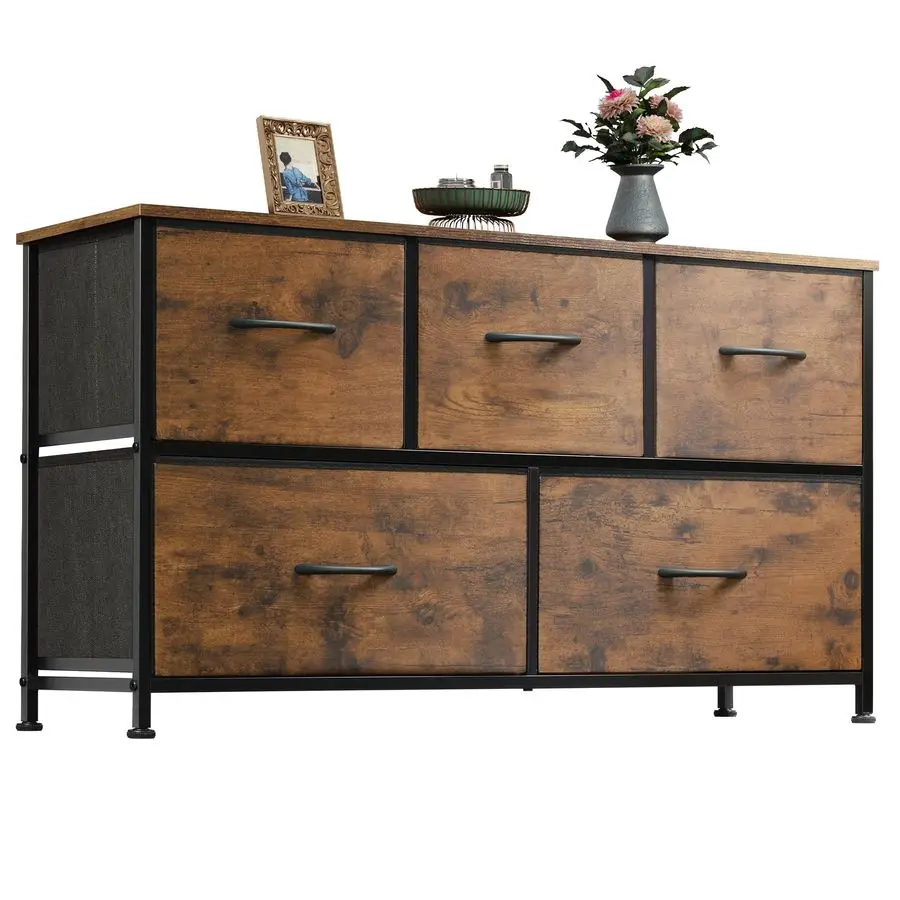 Dresser for Bedroom with 5 Drawers, Wide Chest of Drawers, Fabric Dresser, Storage Organizer Unit with Fabric Bins for Closet,