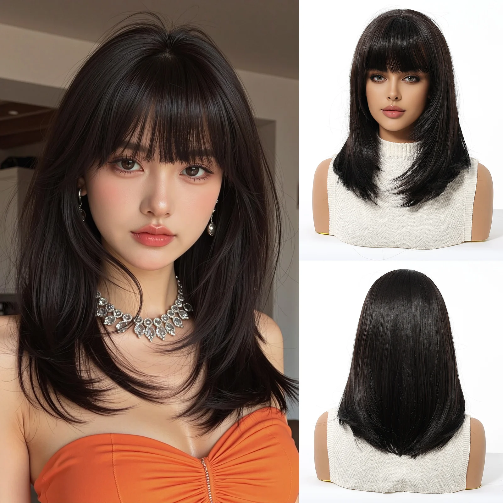 

Black Short Straight Layered Wigs Natural Clavicle Length Synthetic Wig With Bangs For Women Daily Cosplay Party Heat Resistant