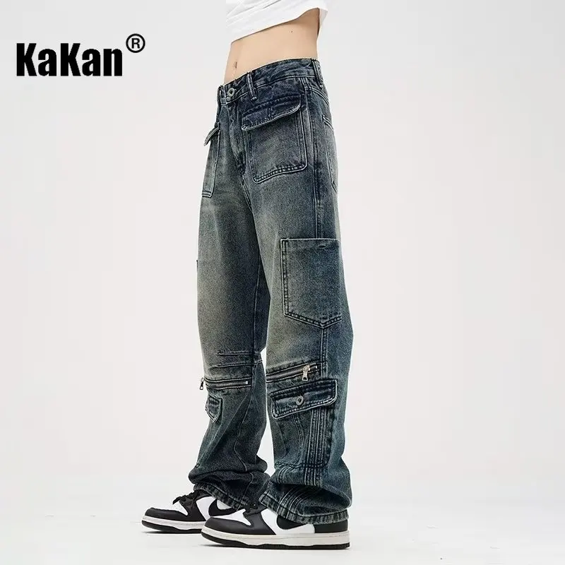 Kakan - European and American New Vintage Heavy Industry Multi Pocket Jeans for Men, High Street Zipper Straight Leg Pants K27