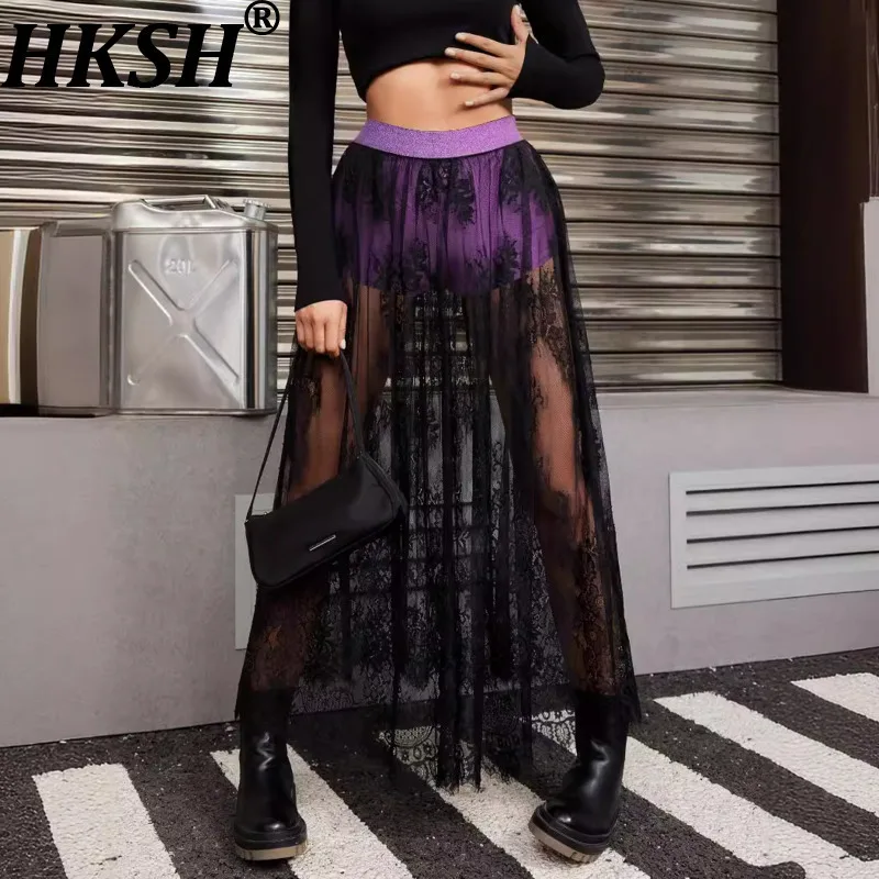 Letnia spódnica damska HKSH, elastyczna talia, koronkowe, prześwitujące wstawki, plisowana, seksowna, w stylu dark gothic, modna, HK14486