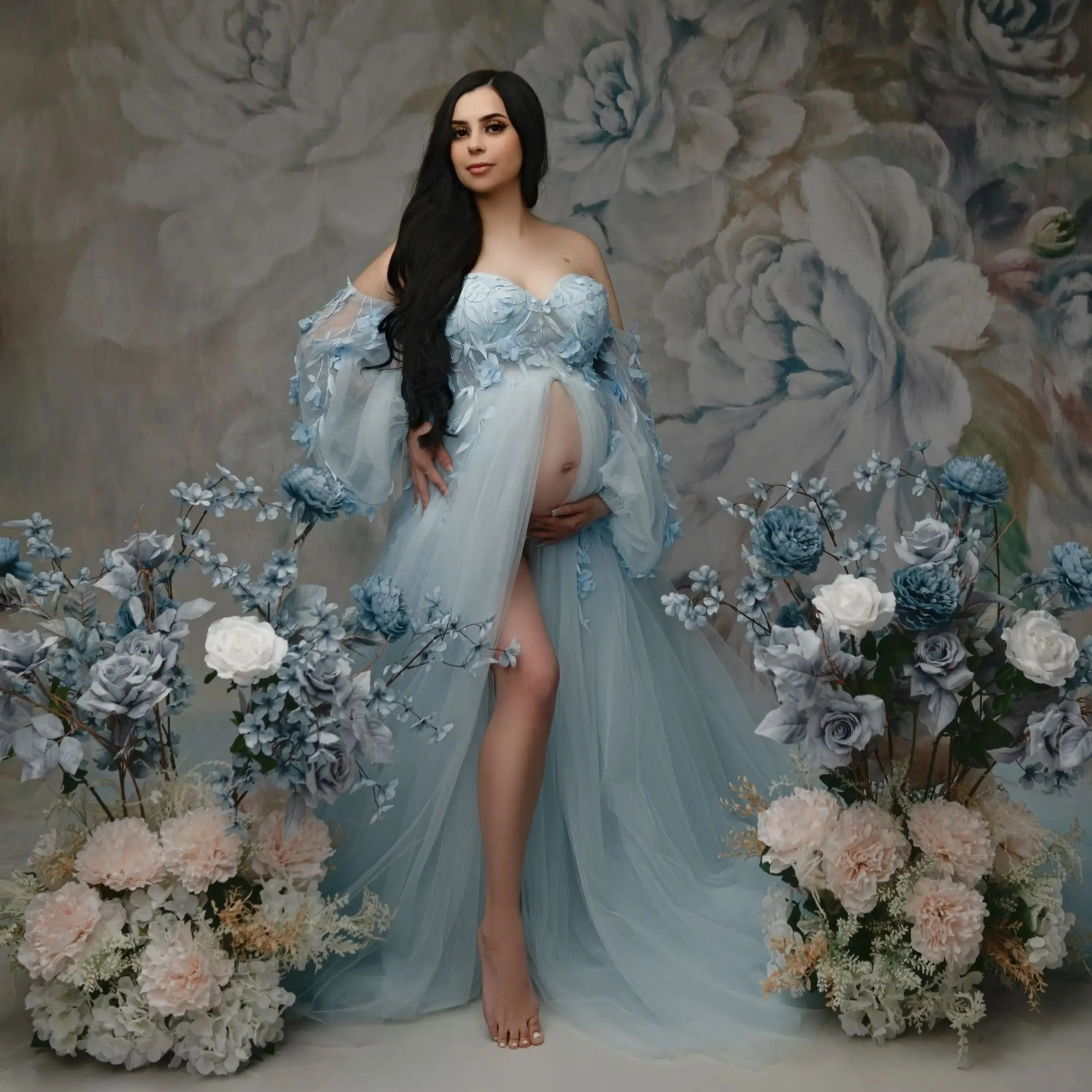 

Sky Blue A Line Maternity Gowns for Photoshoot Off Shoulder Appliques Women Pregnancy Robes Front Split Babyshower Dresses