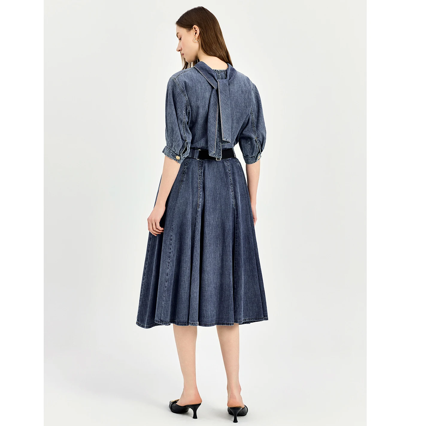 

Ele High-Rank Denim irt with A-Line Skirt Set Summer 2025 ort Sve Stand Collar Ba-Tied Design Faionable Ensemble