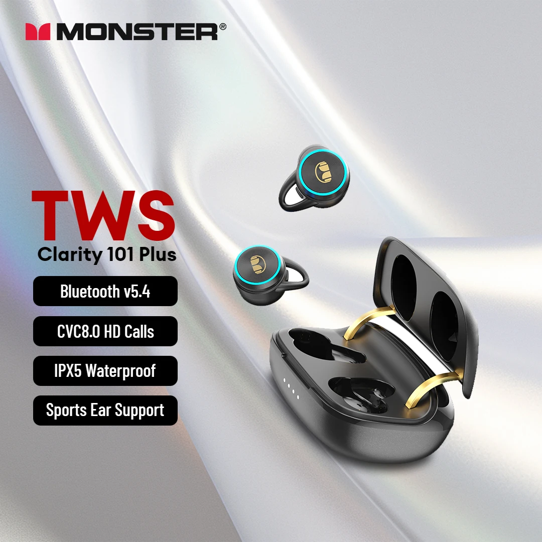 Monster Clarity 101 Plus Ture 무선 이어폰, 스포츠 블루투스 5.4 헤드폰, CVC8.0 소음 차단 TWS 이어버드, 마이크 포함