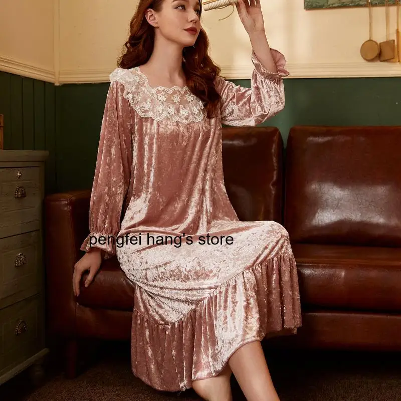 Winter Women Sleepwear Kimono Gown Diamond Velvet Nightwear Sexy Patch Work Lace Round Collar Homewear Casual Loungewear Nightie