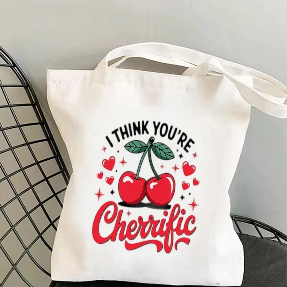 1pc Stylish Coquette Cherry Print Canvas Tote Bag, Reusable Shoulder Bag with Pink Bow, Great for School Work & Casual Outings