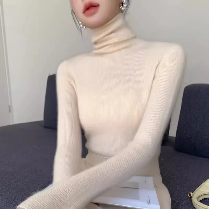 Frauen Gestrickte Dünne Weiße Pullover Casual Solide Pullover Langarm Tops Herbst Winter 2025, Rollkragen Jumper Weibliche