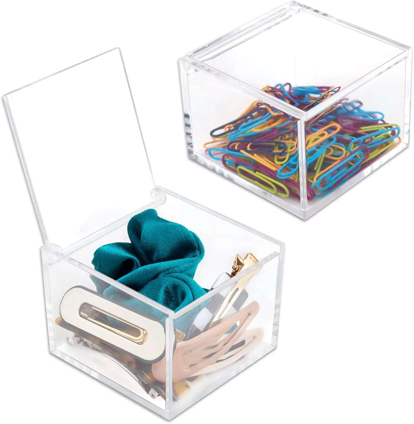 2 Pack Small Clear Acrylic Organizer with Lid for Paper Clips,Sticky Note,Qtip,Cotton Balls,