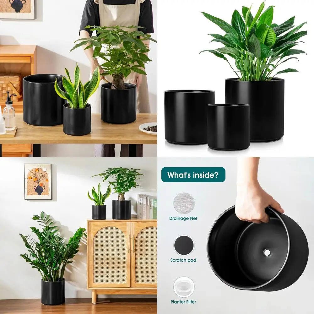 

Набор из 3-х больших керамических горшков для растений с дренажем, 6 размеров, 8, 10 размеров, подходит для внутреннего и наружного использования, черный