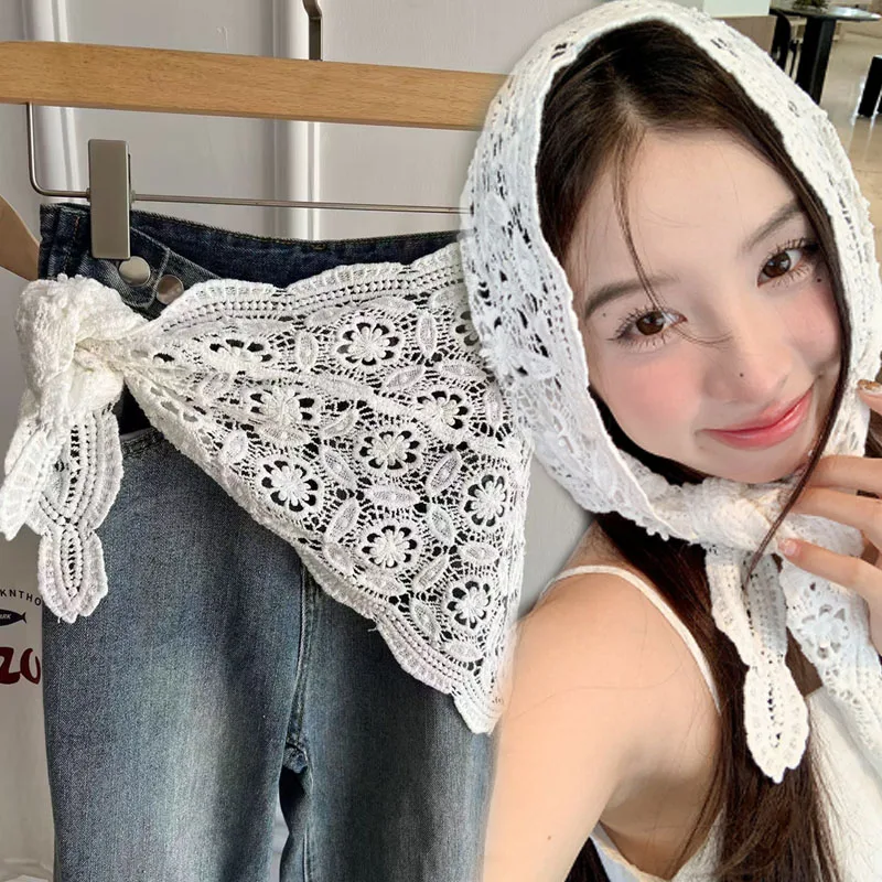 

Retro Crochet Hollow Hair Scarf Women Triangle Headscarf Lace Embroidery Knitted Waist Belt Neckerchief Travel Photo Headband