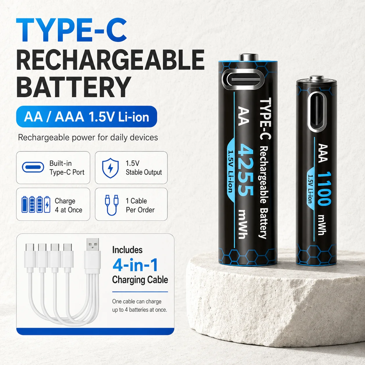 

High Capacity 1.5V AA AAA USB Rechargeable Battery 4255mWh 1100mWh Type-C Lithium Battery for Toy Remote Control