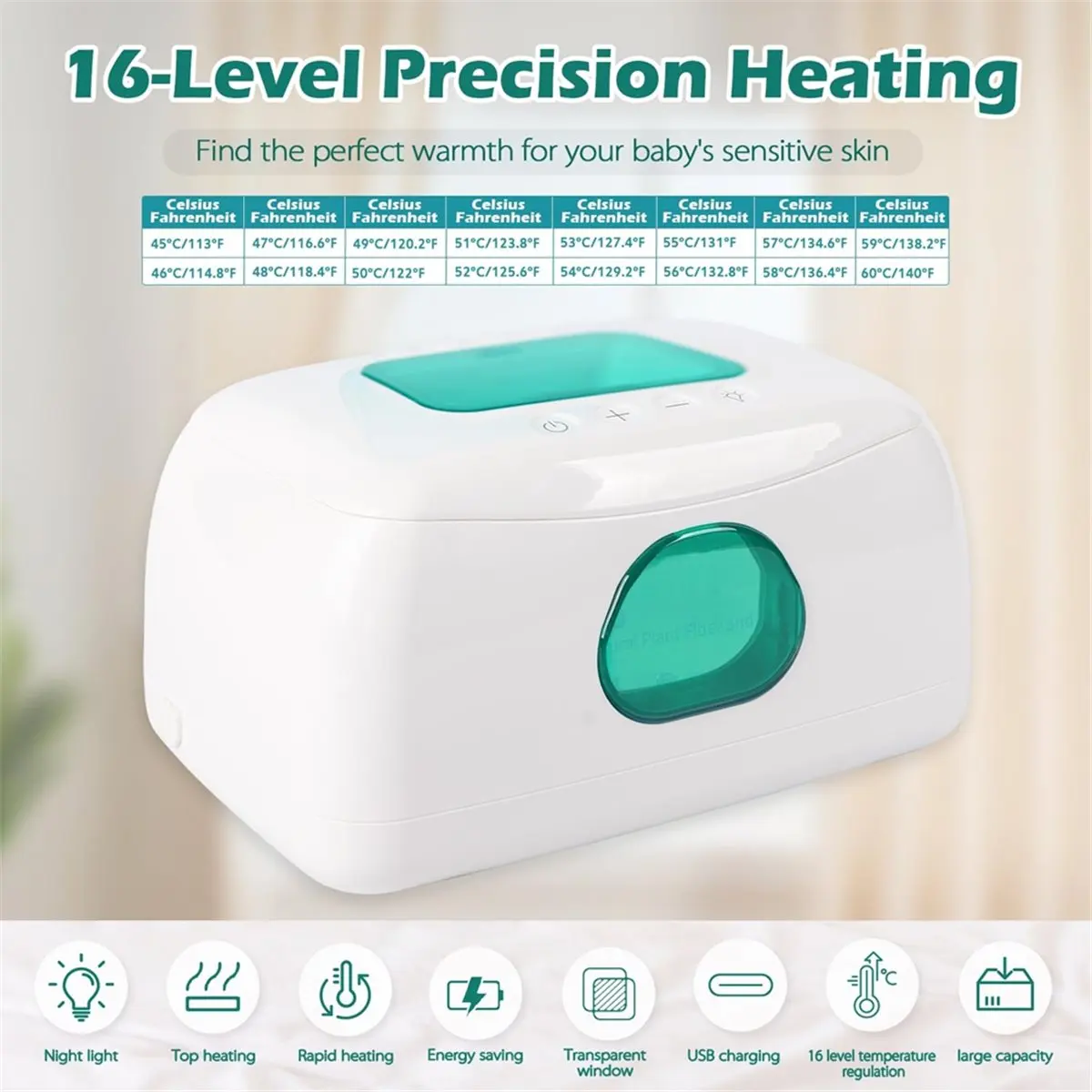 (AD11] Baby Wipe Warmer with 16-Level PrecisionHeating, Portable USB-Powered Wet Wipe Warmer,for Diaper Changes, Home Use