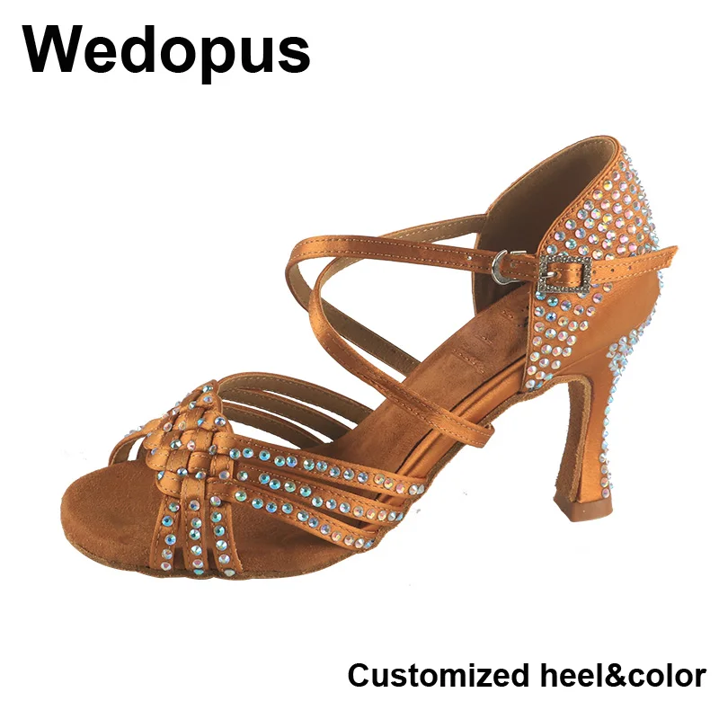 

Wedopus Customized High Heel Latin Woman Dance Shoes Bronze Fabric Rhinestone Latin Dancing Sandals Suede Bottom 9CM