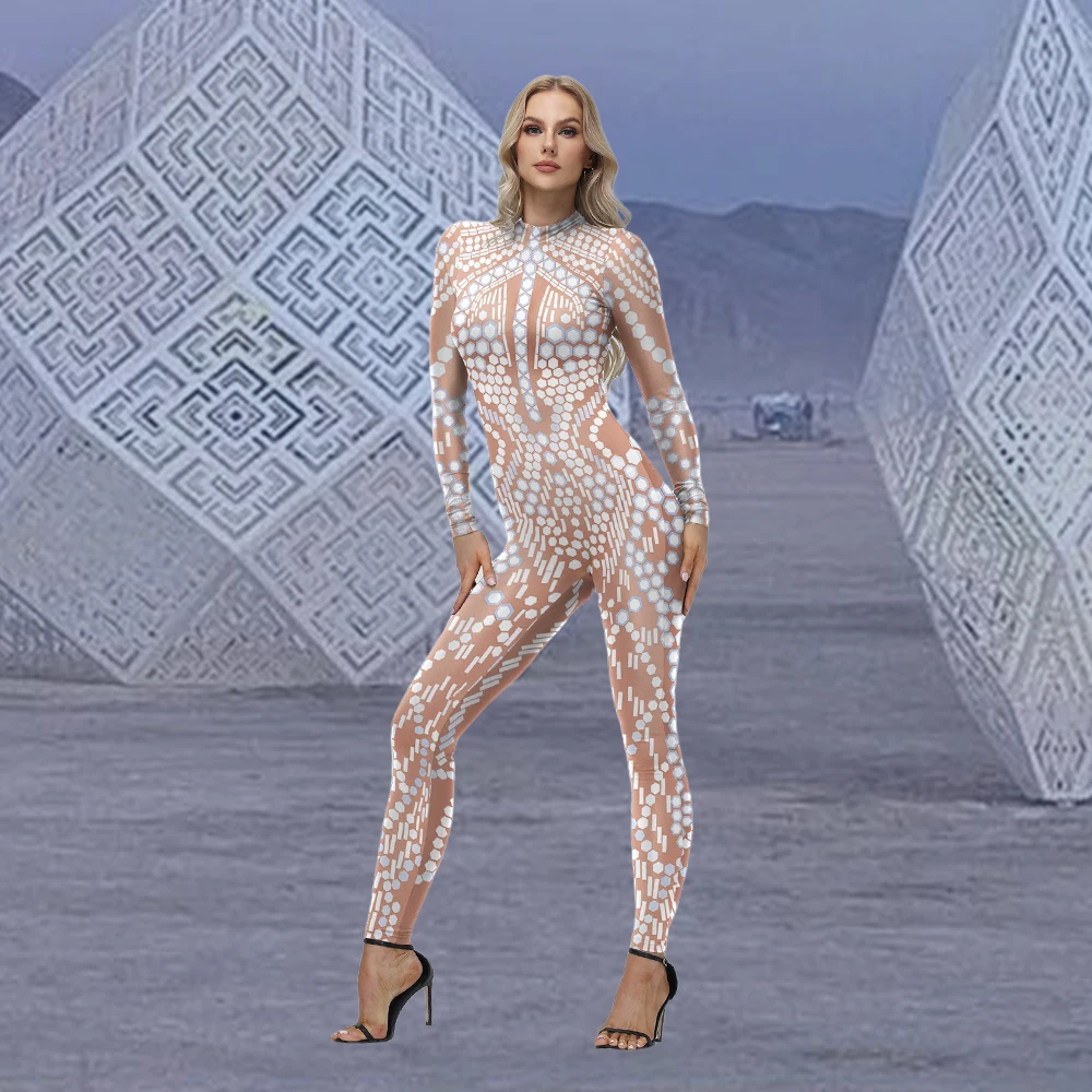 Burning Man Overalls Frauen Cosplay Kostüm Erwachsene Zentai 3D Druck Perle Muster Bodys Lange Sleeve Zipper Party Outfit