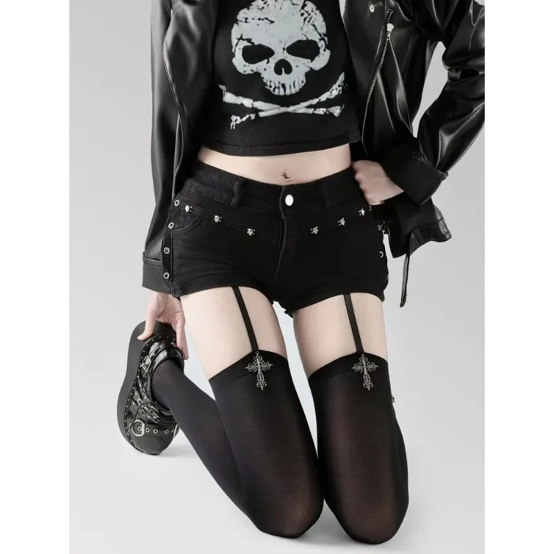 Women Suspender Socks Gothic Lolita Anime Cosplay Personality Cross Decor Solid Color Thin Over Knee Thigh High Stockings