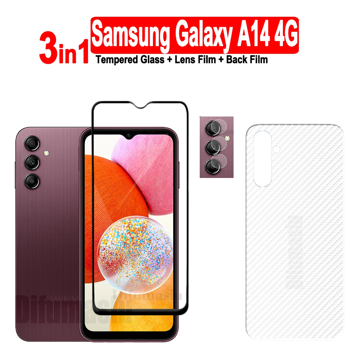 

3in1 For Samsung Galaxy A14 4G Tempered Glass Screen Protectors + Soft Back Film + Soft Camera Lens Film