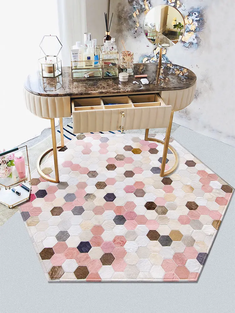 Nordic Geometric Pink Girl Room Carpet Real Cowhide Play Mat Handmade Customize Living Room Round Carpet Sofa Coffee Table Rug