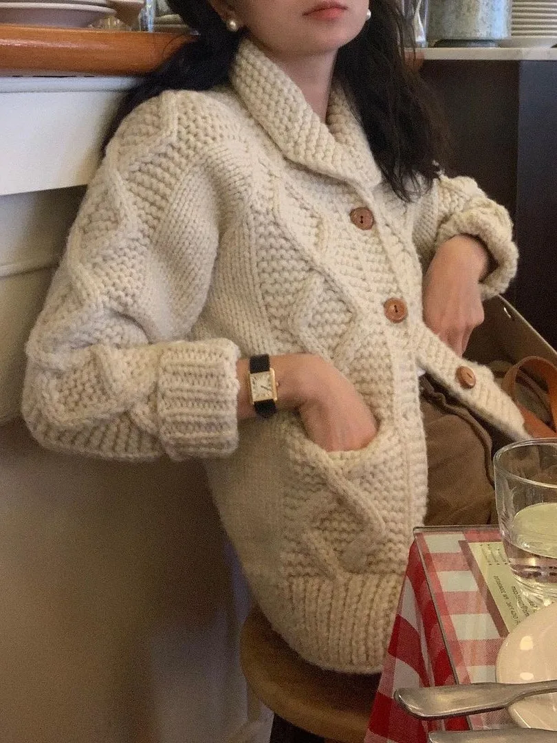 سترة نسائية طويلة الأكمام بياقة وتصميم محبوك ثقيل بطراز عتيق، مناسبة للخريف والشتاء، أسلوب الشارع العصري، ملابس خارجية عملية ...