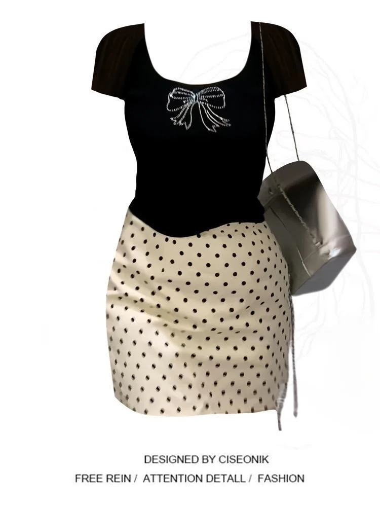 

Summer New plus Size Women's T-irt with Bow Design And Polka Dot f Skirt Two-Piece Set Sweet And Versatile Outfit