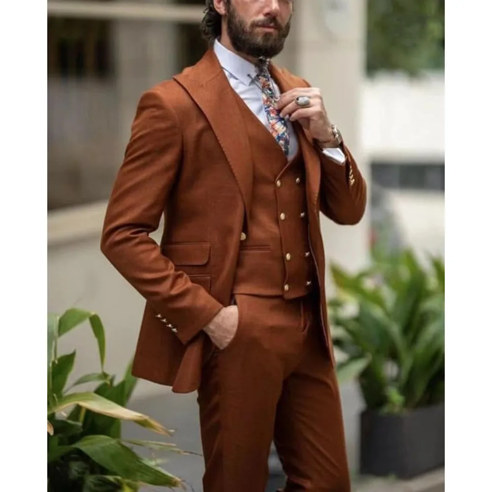 2023 New Wedding Men Red-Brown Peaked Lapel Suits Business Casual Formal Costume Homme Slim Fit 3 Pcs Set Jacket Vest Pants