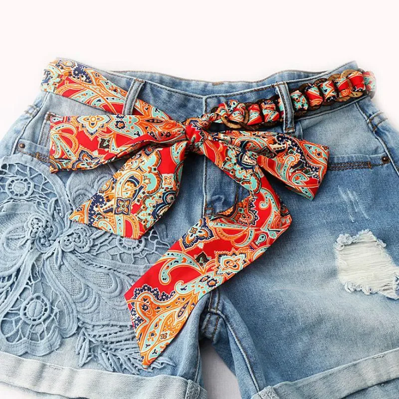 Women Belt New National Style Silk Knotted Waistband Decorative Dress Wild Coconut Shell Pants Ribbon Flowers Print Long