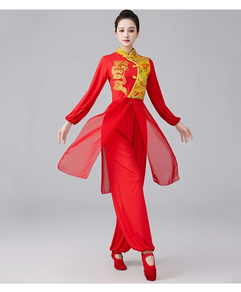 Tradycyjny chiński strój narodowy, starożytny strój do tańca perkusyjnego Yangko, strój do tańca z wachlarzami, ludowy, elegancki strój do występów tanecznych.