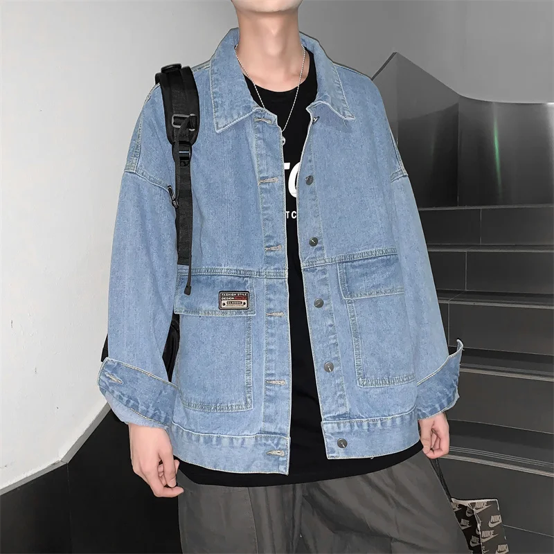 spring new Hong Kong style men's denim jacket all-match trend coat fashion casual coat loose large size coat