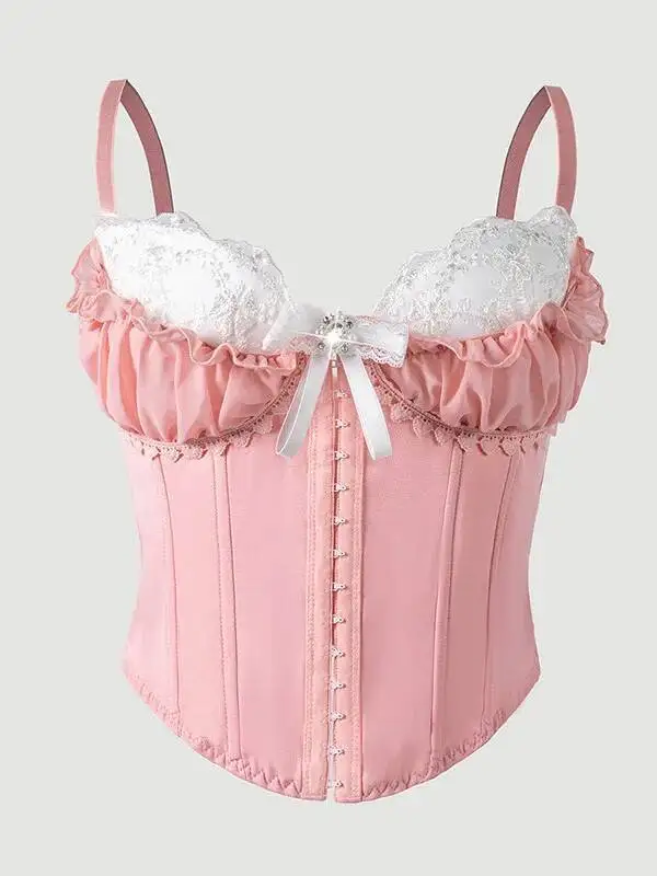 Sexy Top Mesh Lace Patchwork Cotton Hot Girl Fishbone Strap High-end Wear Top For Women Bowknot Pure Desire Vest Charming PWGG