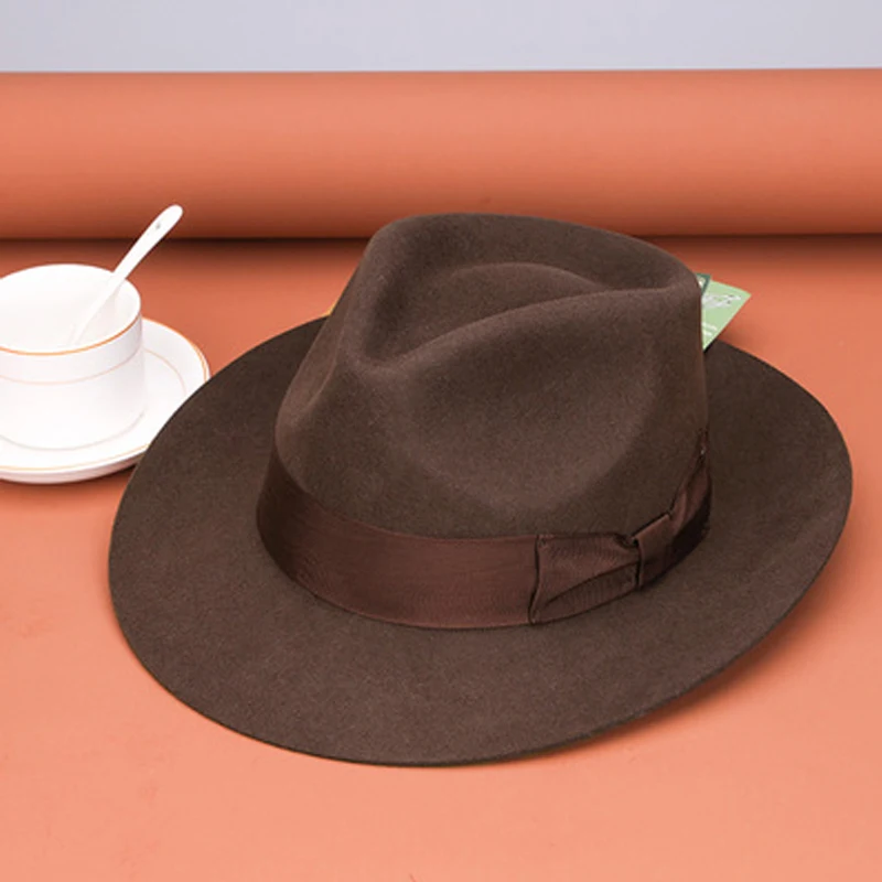 LIHUA Brand 100% Wool Bowler Hat, Men Women\'s Big Head Jazz Hat Black Gray Brown Color Party Fashion Males Fedora Hat