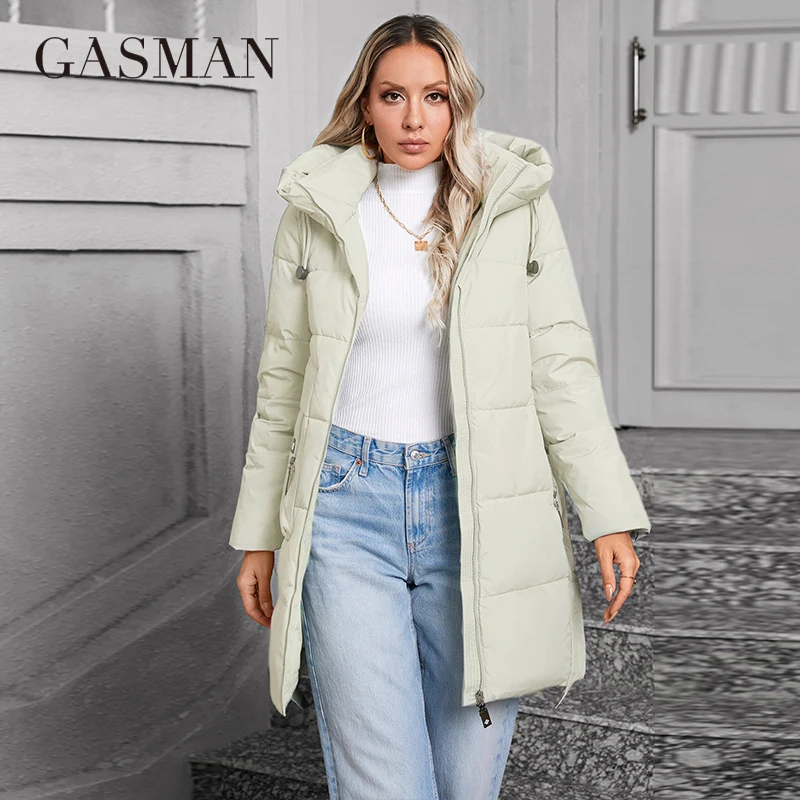 GASMAN 2024 Women Down Jacket Medium Classic zipper design Big Pocket Stand Collar Hooded Slim coat Women Parkas 83356