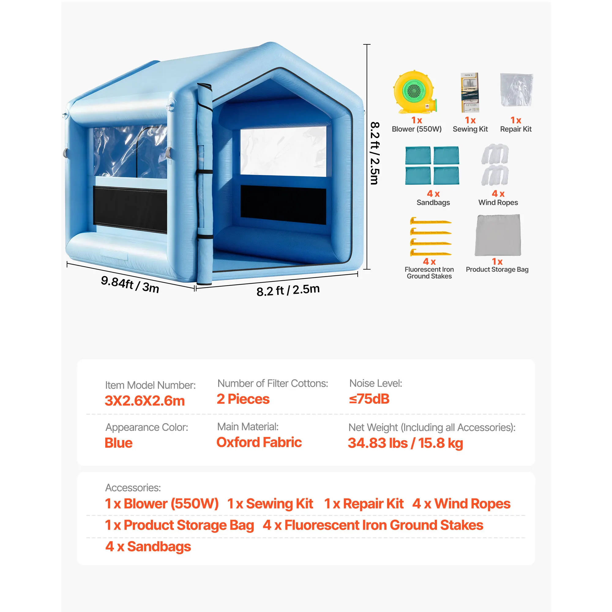 SucceBuy Opblaasbare verfcabine Opblaasbare spuitcabine met krachtig ventilator en luchtfiltersysteem Rond dak met lichthaak