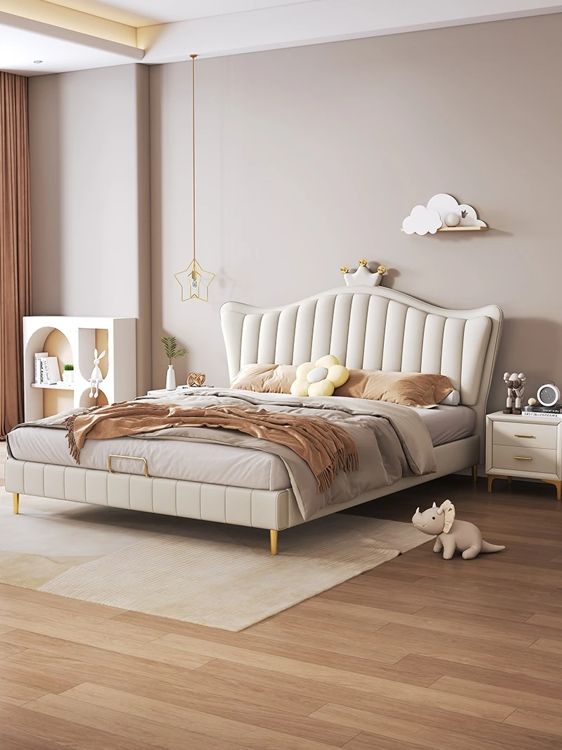 Children's bed for girls modern minimalist white crown princess bed upholstered leather bedroom