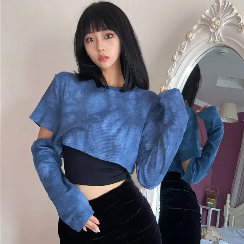 Tie-dye Y2k T-shirts Women BF Lady Crops Hipster Dance Wear Streetwear Hollow Out Vintage Soft Fashion Casual Gothic Harajuku