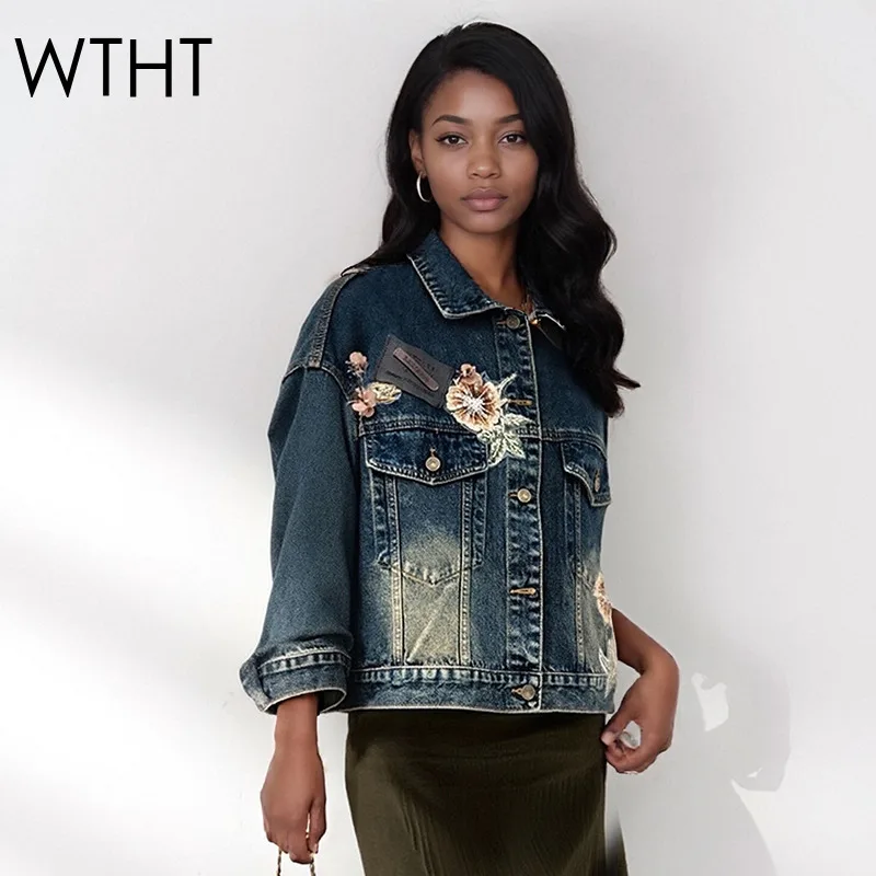 

WTHT модная женская джинсовая куртка с блестками и цветочным узором, осень 2022, модное пальто с длинными рукавами и лацканами, женское 1LS2555