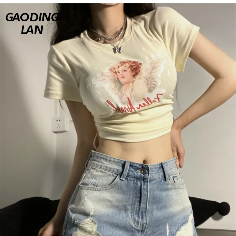 GAODINGLAN Summer Sweet Print Short Sleeve Women Crop Tops Drawstring Slim High Waist Cotton Tees Y2k Tight Sexy Tees Ladies