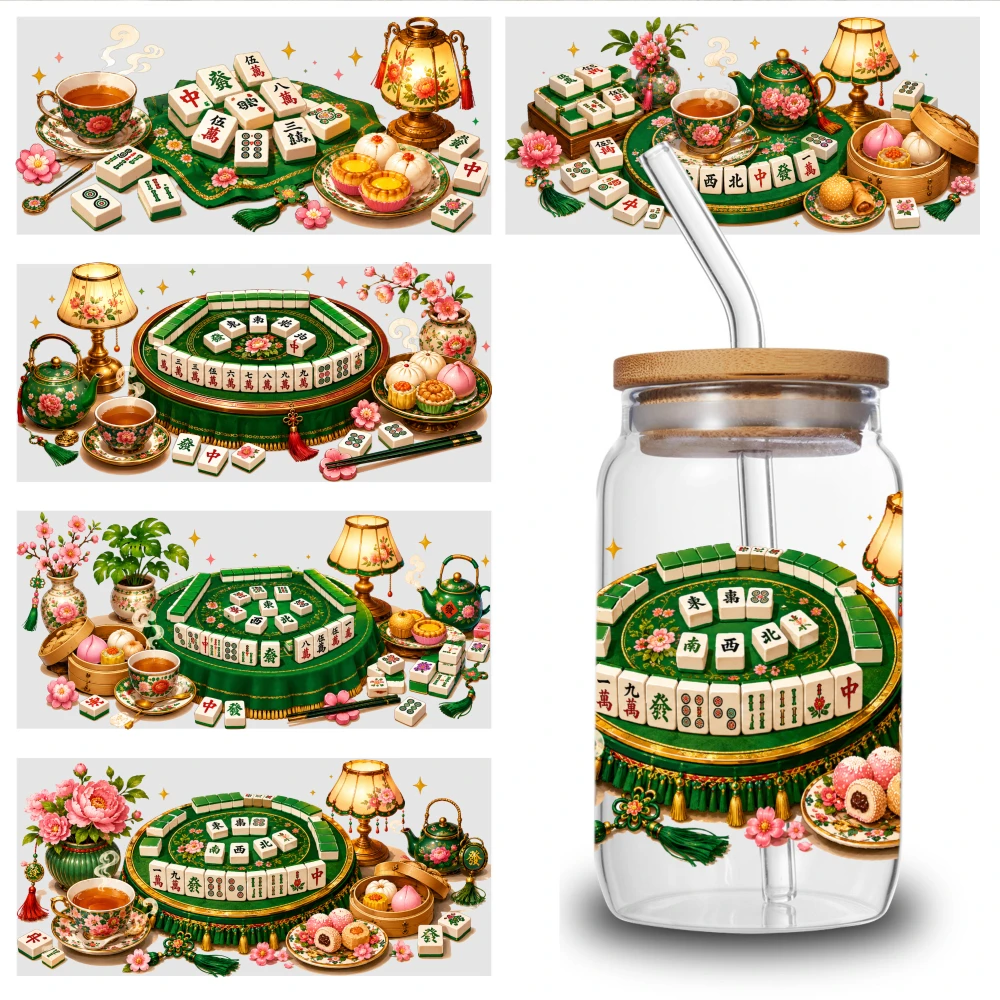 5 Sheets Mahjong Tea Party UV DTF Stickers DIY Water Bottle Glass Mug Decoration Gift Glass DTF Transfer Stickers