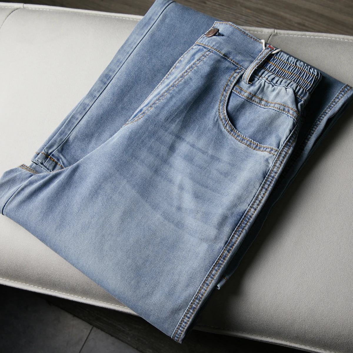 

High Waist Thin Silk Denim Fabric Summer Women's Long Jeans Dra Slimming Floor-Length Wide Leg Blue Denim Pants