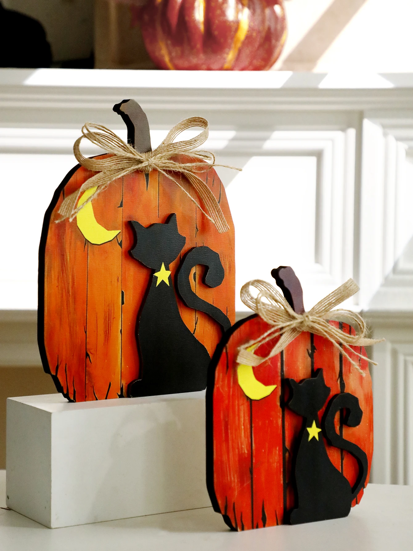 Halloween Wooden Pumpkin Table Ornament Black Cat Moon Design Burlap Bow Spooky Cute Home Desktop Decor