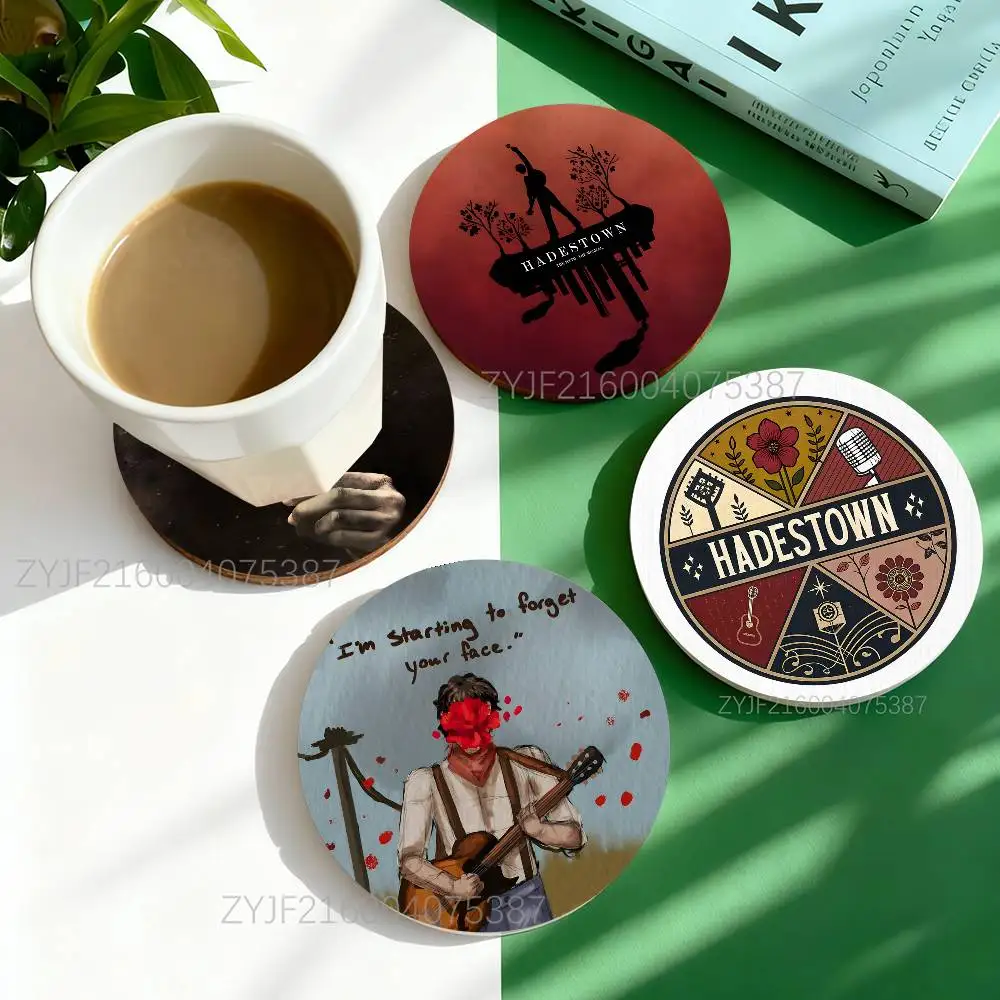 

H-Hadestown Eurydice Pattern Art Coasters Round Wooden Heat Resistant Non-Slip Home Decor Gift Multifunctional