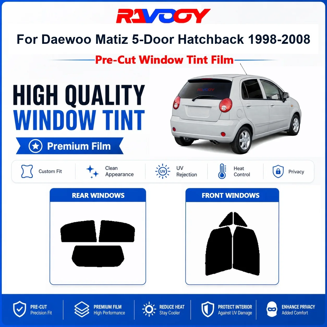 Premium Pre-Cut Window Tint For Daewoo Matiz 5-Door Hatchback 1998-2008 Front & Rear Windows UV Heat Rejection Privacy Film